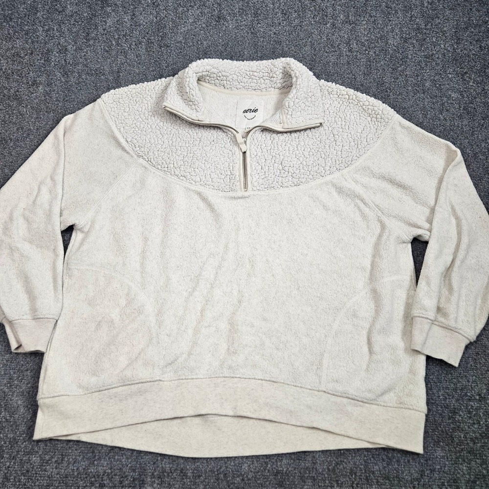 Aerie‎ Pullover Womens Medium Cream Quarter Zip Sherpa Fleece Cozy Loungewear